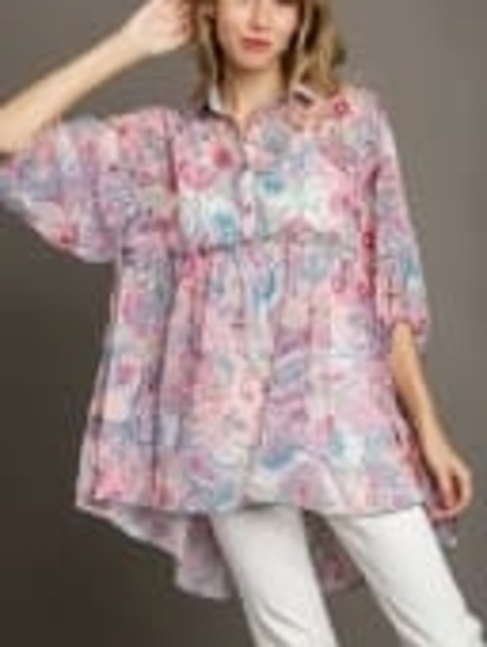 Umgee Pink Floral Button-Front Tunic Top (New In Bag)